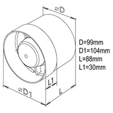 Load image into Gallery viewer, Smell Away® Vortex 100mm Inline Fan With Switch Dimensions
